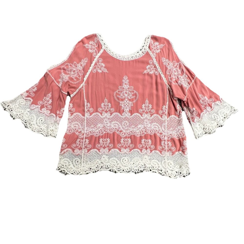 Boho Crochet Lace Embroidered Bell Slit Sleeve Blouse Terracotta Sz Medium